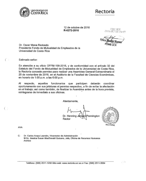 Permiso de la Rectoría para la Asamblea General Extraordinaria Noviembre 2016